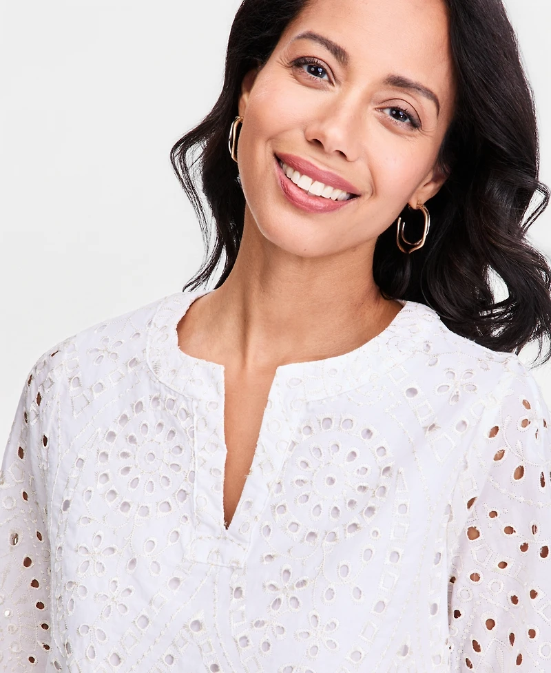 Jm Collection Women's Novelty Eyelet 3/4-Sleeve Shift Dress, Macy's Exclusive