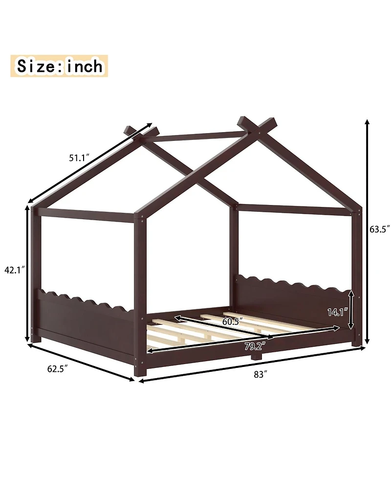 Streamdale Furniture Queen House Floor Bed with Slats, Solid Wood House Bed Frame for Kids