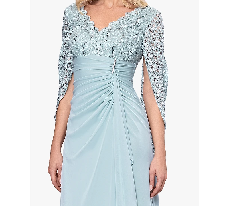 Betsy & Adam Petite Draped Lace Back Gown