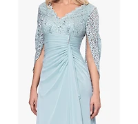 Betsy & Adam Petite Draped Lace Back Gown