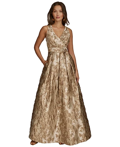 Donna Karan Petite Sleeveless Metallic Brocade V-Neck Ball Gown