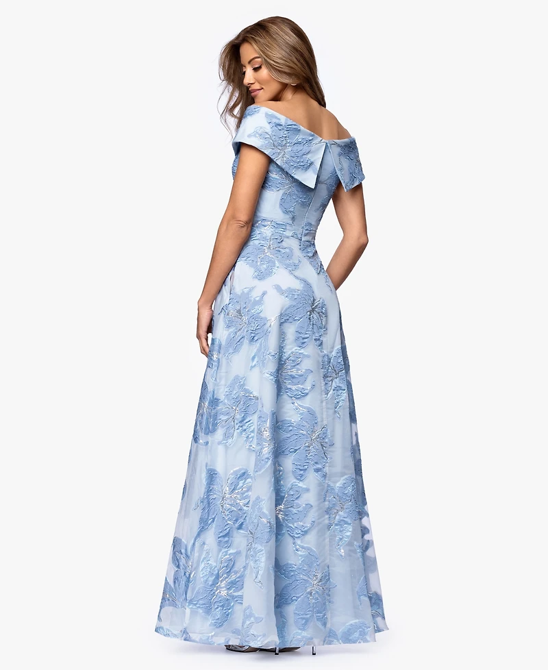 Xscape Women's Long Jacquard Printed Off-The-Shoulder Ball Gown