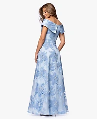 Xscape Women's Long Jacquard Printed Off-The-Shoulder Ball Gown