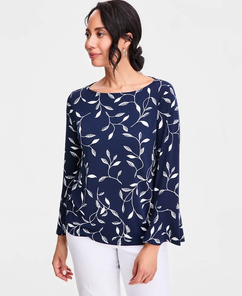 Jm Collection Women's Printed Boat-Neck Bell-Sleeve Top, Macy's Exclusive