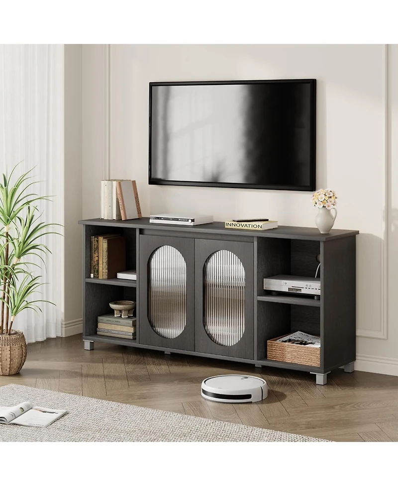 gaomon Modern Tv Stand for 70" Tv, Black Entertainment Center with Shelves and Glass Doors