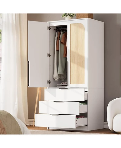 gaomon Garvee Armoire Wardrobe Closet, 69.5" Wooden Wardrobe Cabinet with 3 Drawers, Hanging Rod, 2 Doors Clothing Storage Cabinet for Bedroom