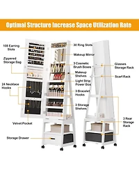 gaomon 360° Swivel Jewelry Cabinet with Led Lights,Inside Makeup Mirror,Rotatable Full Length Mirror with Jewelry Storage