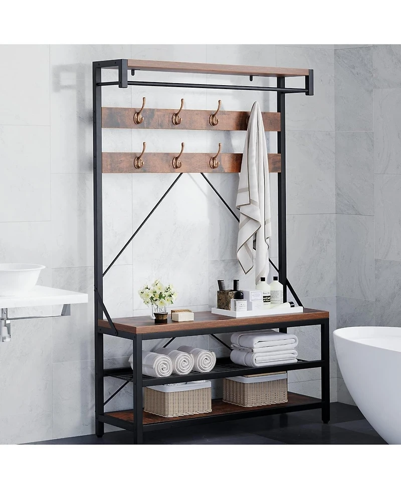 gaomon 72" Industrial Hall Tree with Shoe Bench & Coat Rack, Entryway Storage Organizer with 8 Hooks, 3-Tier Shelf & Metal Frame