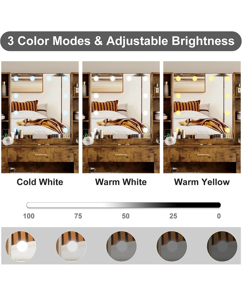 gaomon Modern Makeup Vanity Table Set With Lighted Mirror,56" Farmhouse Vanity Desk With Charge Station&Storage Shelves,Dressing Table