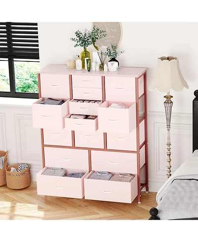 gaomon 15-Drawer Pink Fabric Dresser, Wood Tabletop, Metal Frame, Tall Chest Organizer for Bedroom, Living Room, Entryway
