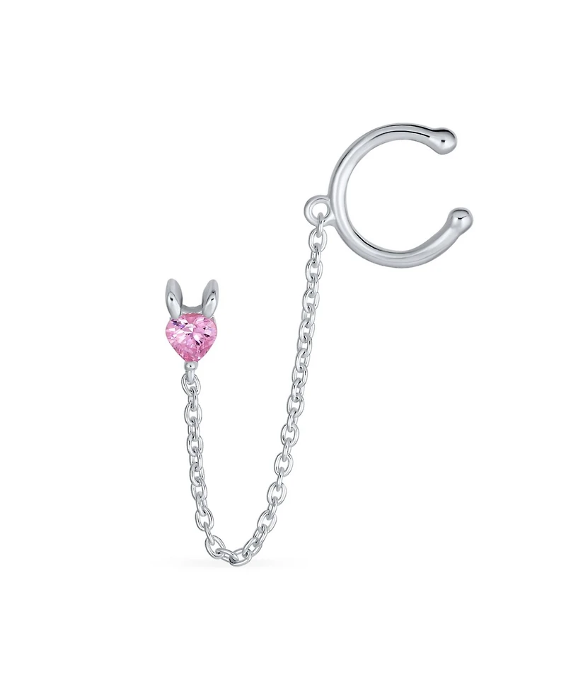 Bling Jewelry Tiny Pink Cz Heart Ear Cuff Chain Stud Earrings For Earlobe .925 Sterling Silver