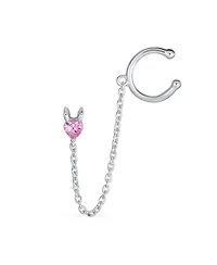 Bling Jewelry Tiny Pink Cz Heart Ear Cuff Chain Stud Earrings For Earlobe .925 Sterling Silver