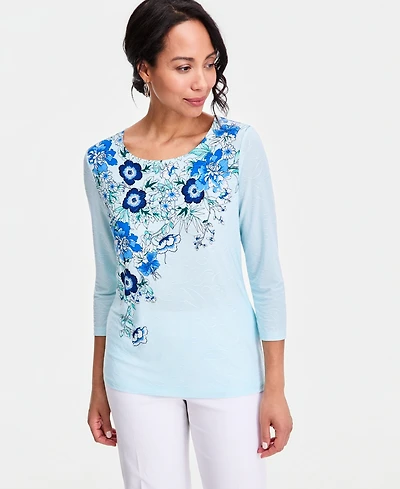 Jm Collection Women's Printed Scoop-Neck 3/4-Sleeve Top, Macy's Exclusive