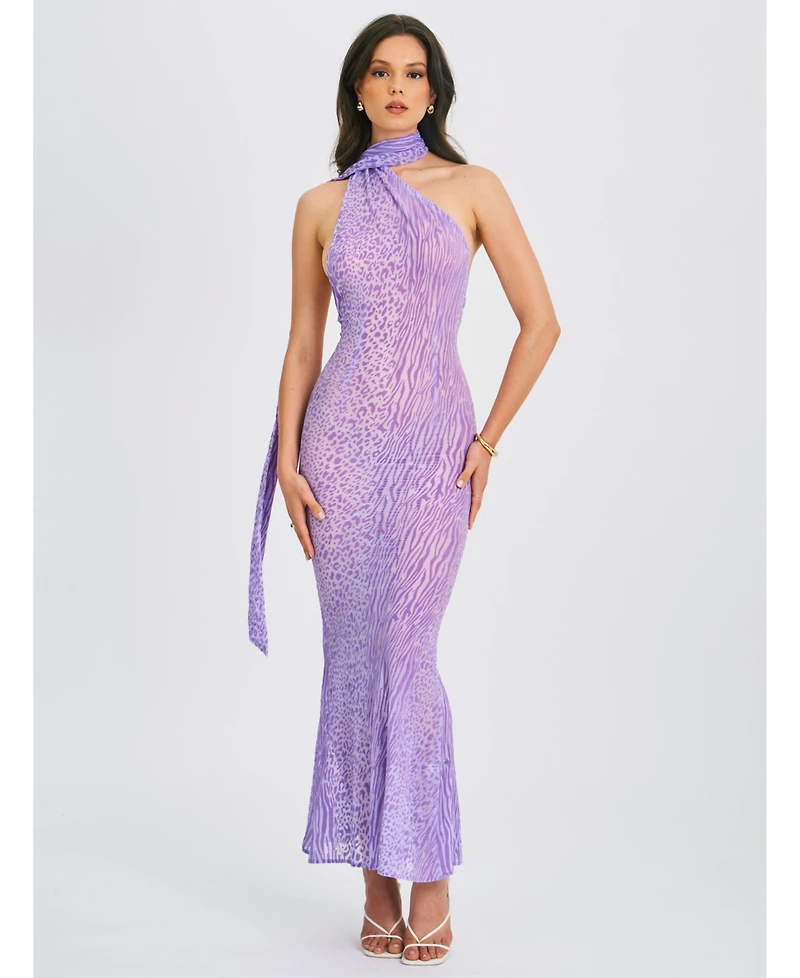 Miss Circle Women's Olena Purple Burnout Velvet Animal Print Mesh Halter Neck Maxi Dress