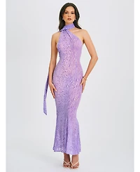 Miss Circle Women's Olena Purple Burnout Velvet Animal Print Mesh Halter Neck Maxi Dress