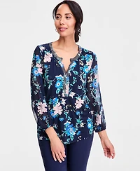 Jm Collection Women's Printed Chiffon-Sleeve Split-Neck Top, Macy's Exclusive