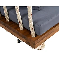 Flynama Patio Wooden Swing Chair, Hanging Porch Swing Bench with Cushion&Pillows, 10.8Ft Hemp Ropes for Garden,Backyard,Lawn