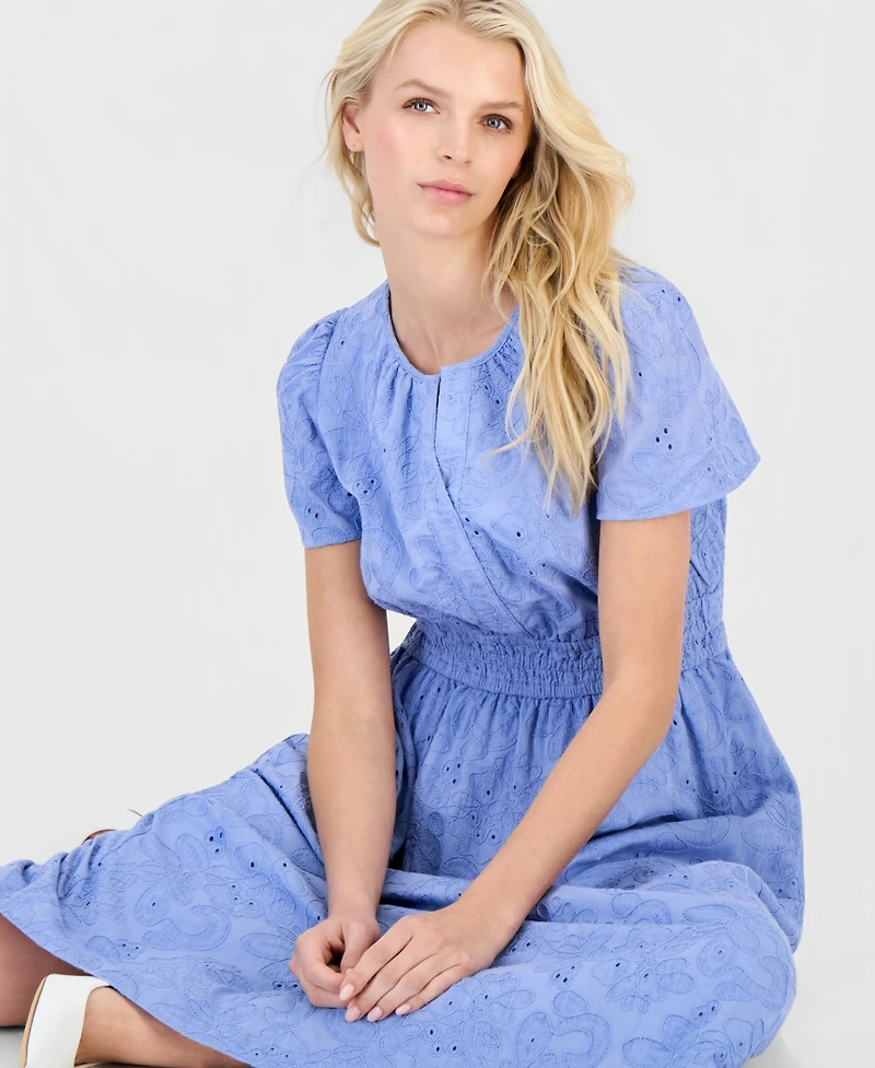 Anne Klein Women's Eyelet Short-Sleeve Midi Dress