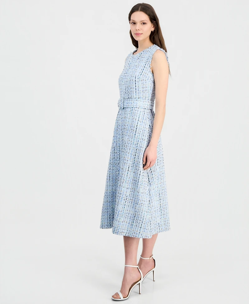 Anne Klein Women's Tweed Belted Sleeveless Midi Dress