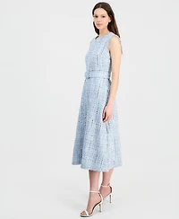 Anne Klein Women's Tweed Belted Sleeveless Midi Dress