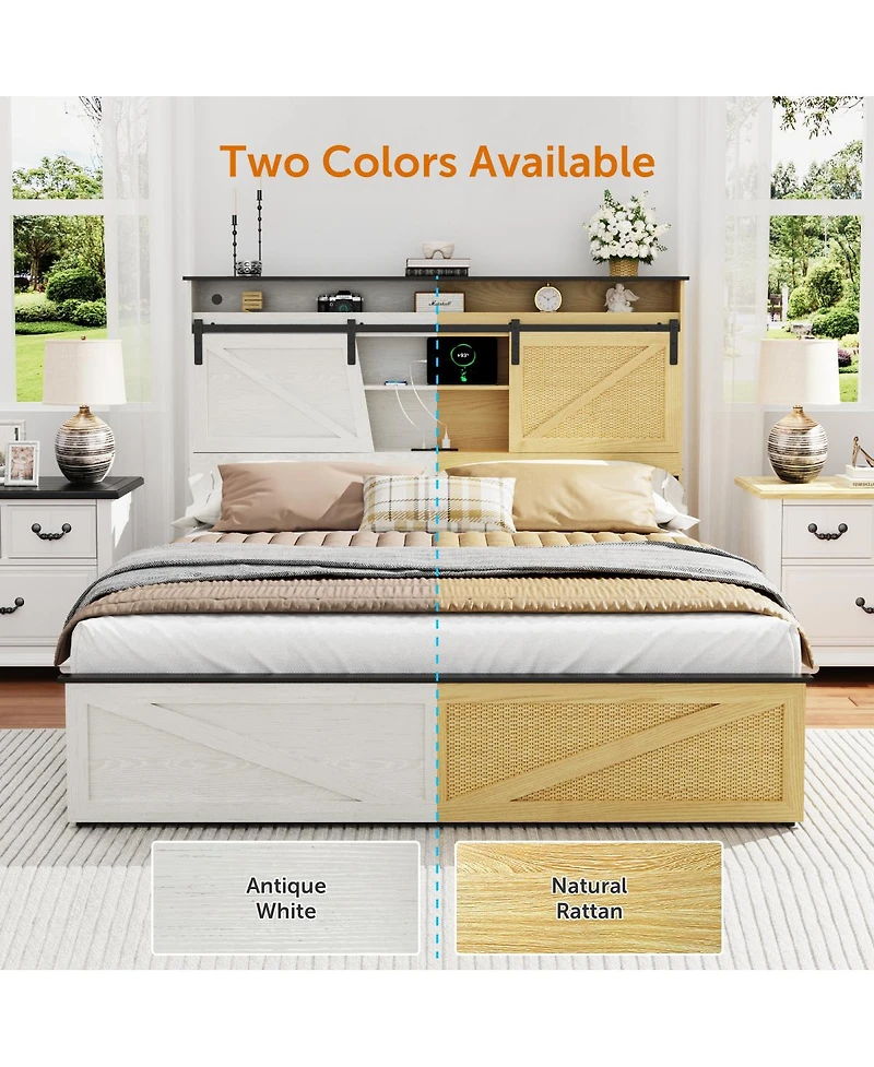 Streamdale Furniture Farmhouse Queen Bed Frame w/Storage Headboard, Drawers, Charging & Led Lights, White