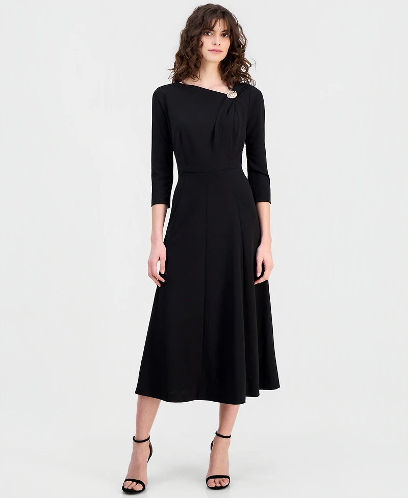 Anne Klein Women's Asymmetric-Neck 3/4-Sleeve Midi Dress