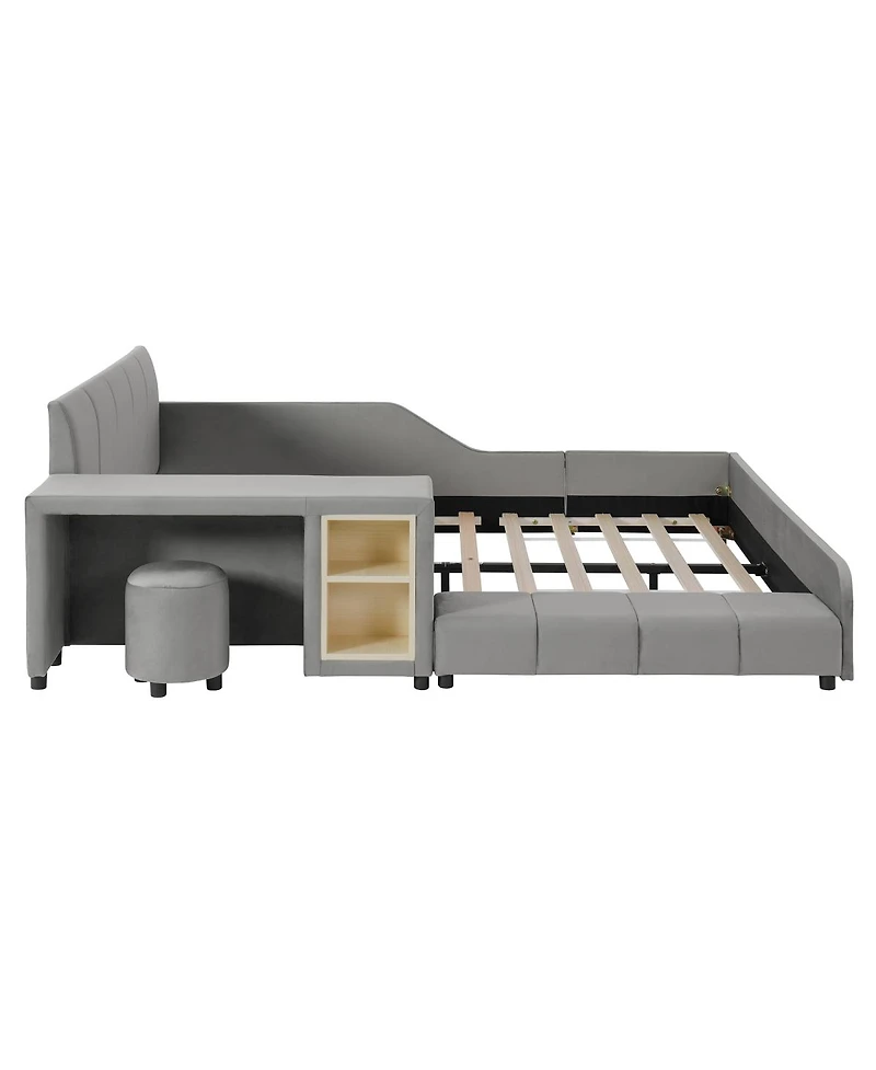 Streamdale Furniture Streamdale Full Size Upholstered Grounded Bed with Bedside Desk & Stool, Gray