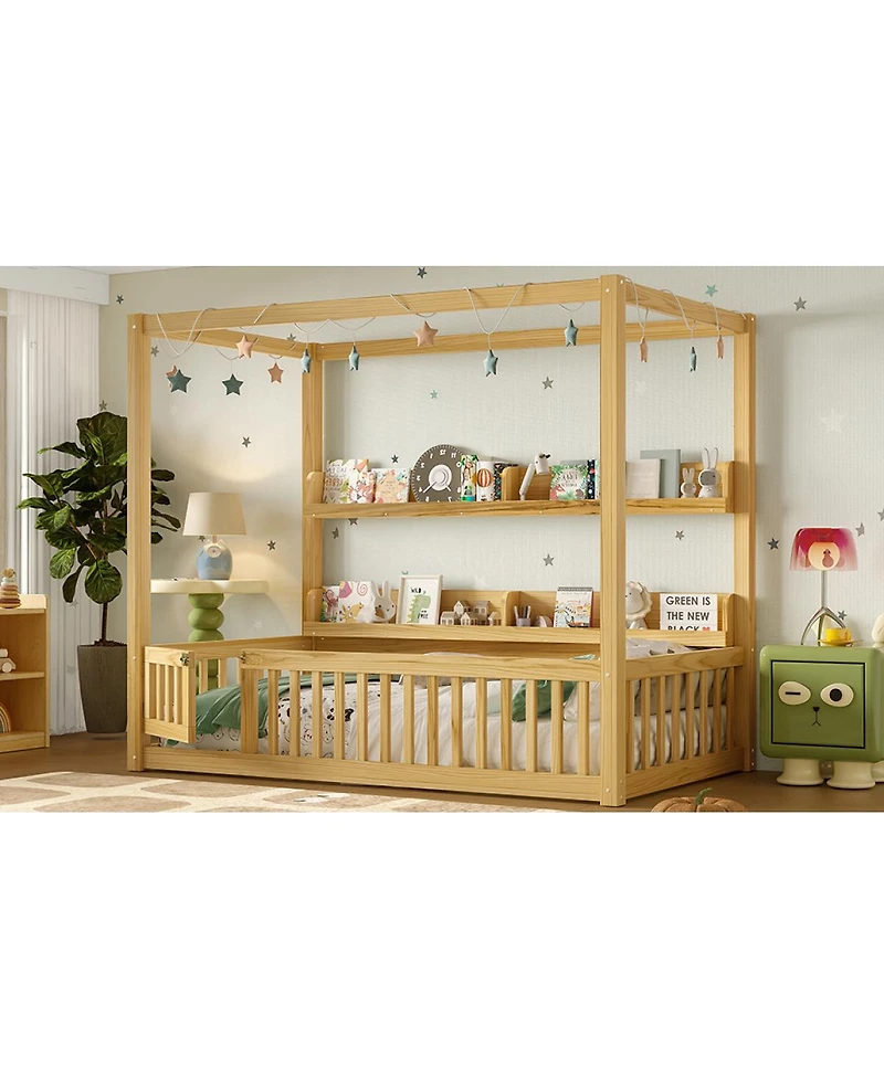 Streamdale Furniture Streamdale Twin Size Solid Wood Montessori Floor Bed Frame with Guardrails & Shelves