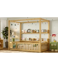 Streamdale Furniture Streamdale Twin Size Solid Wood Montessori Floor Bed Frame with Guardrails & Shelves