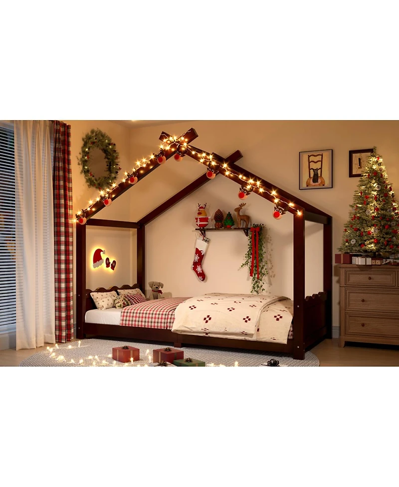 Streamdale Furniture Twin House Floor Bed with Slats, Solid Wood House Bed Frame for Kids