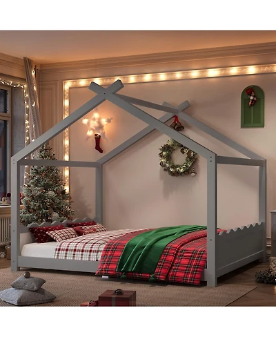 Streamdale Furniture Queen House Floor Bed with Slats, Solid Wood Frame for Kids