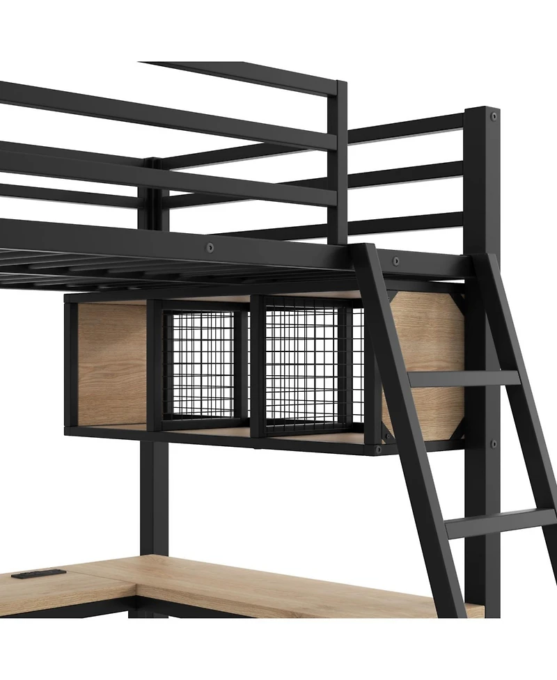 Streamdale Furniture Metal L-Shaped Loft Bed with Led, Storage, 2 Desks & Charging Stations