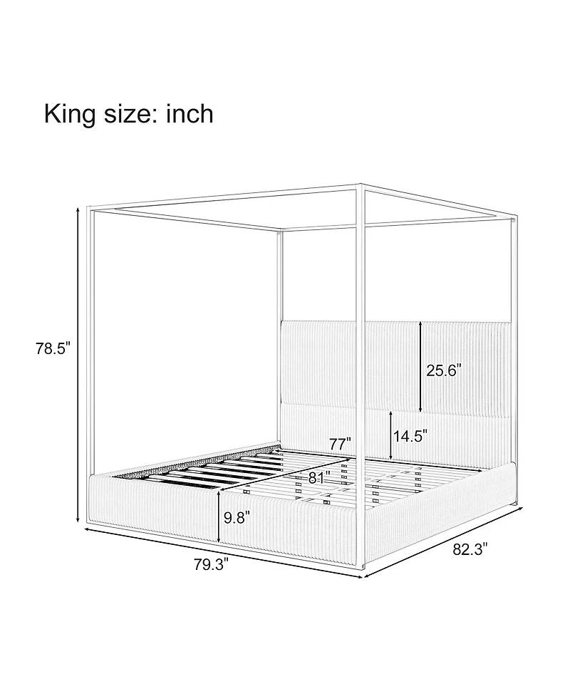 Streamdale Furniture Modern Luxury Metal Canopy Bed with Corduroy Headboard, King, White