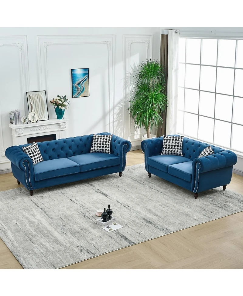 Streamdale Furniture 3+2 Seater Blue Chesterfield Velvet Sofa with Roll Armrest & Nailhead