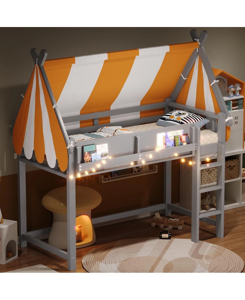 Streamdale Furniture Twin Loft Bed with Canopy, Led Lights & Book Shelf