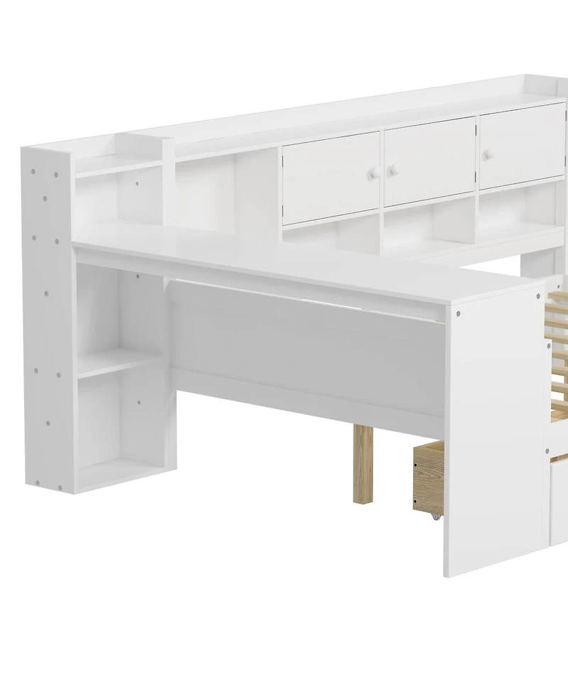 Streamdale Furniture Wooden L-Shape Daybed with 7 Cabinets, 2 Drawers, Desk & Bookshelf, White