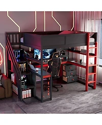 Streamdale Furniture Full Size Wooden Gaming Loft Bed with Storage Stairs, Desk, Shelves & Pegboard
