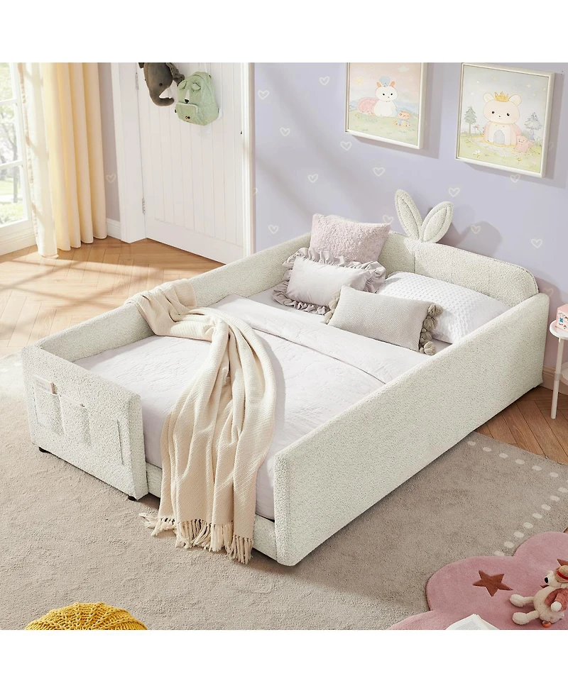 Streamdale Furniture Streamdale Cute Rabbit Ear Boucle Platform Bed with Safety Rail & Pocket, Beige