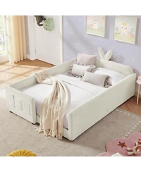 Streamdale Furniture Streamdale Cute Rabbit Ear Boucle Platform Bed with Safety Rail & Pocket, Beige