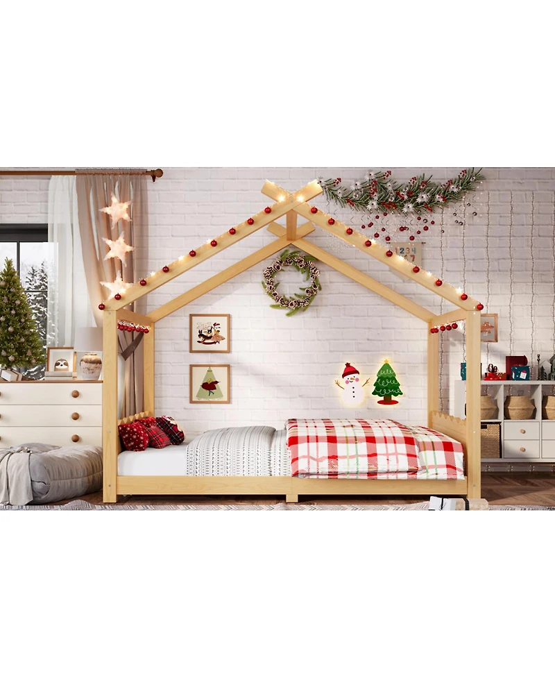 Streamdale Furniture Full House Floor Bed with Support Slats, Solid Wood House Bed Frame for Kids