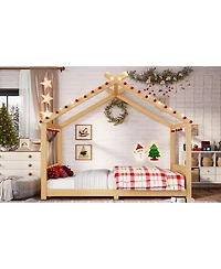 Streamdale Furniture Full House Floor Bed with Support Slats, Solid Wood House Bed Frame for Kids