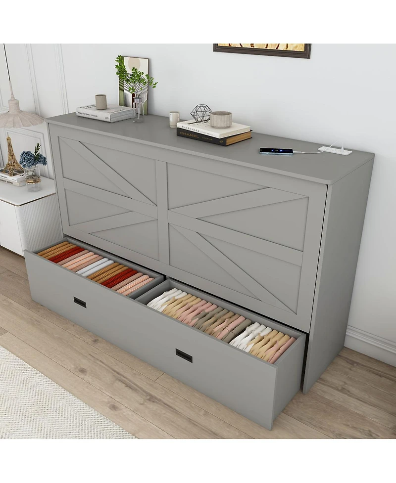 Streamdale Furniture 57" Murphy Bed with Storage, Charging Cabinet, Foldable Panels, Swivel Wheels, Gray