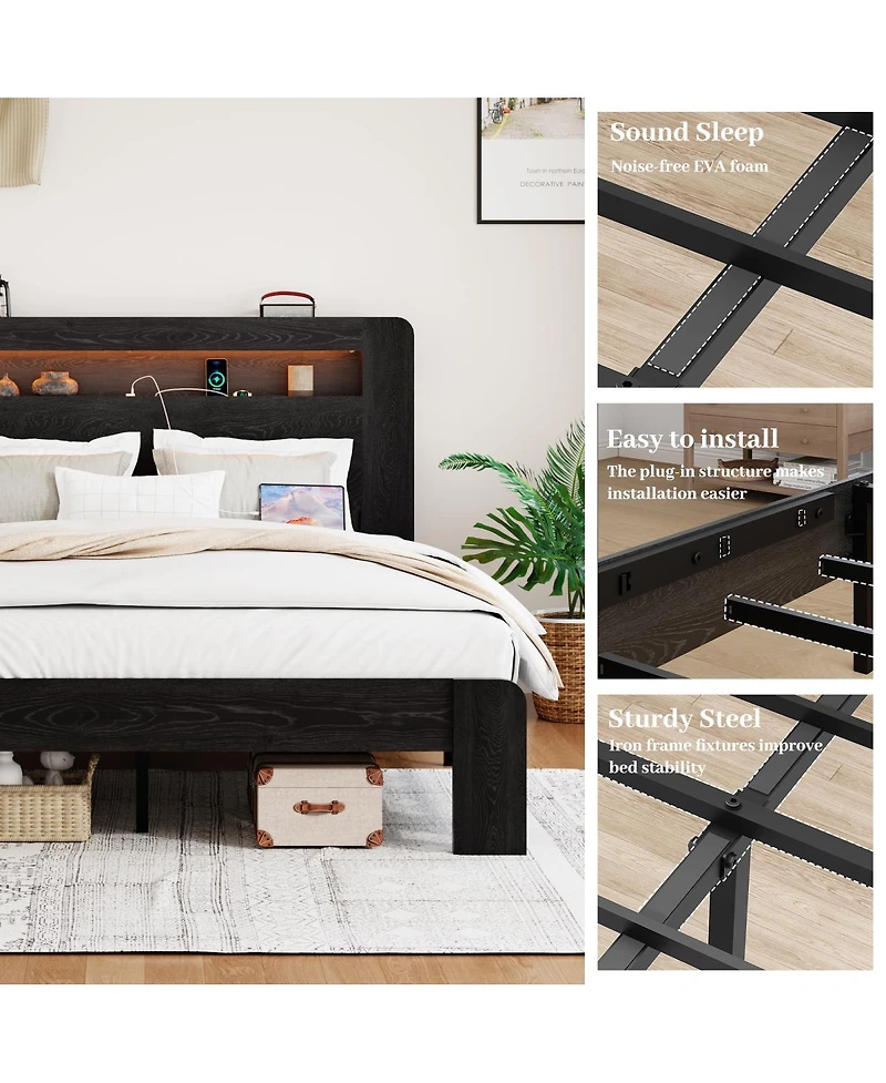 Streamdale Furniture Wood Platform Bed Frame with Storage, Led Headboard, Usb, No Box Spring