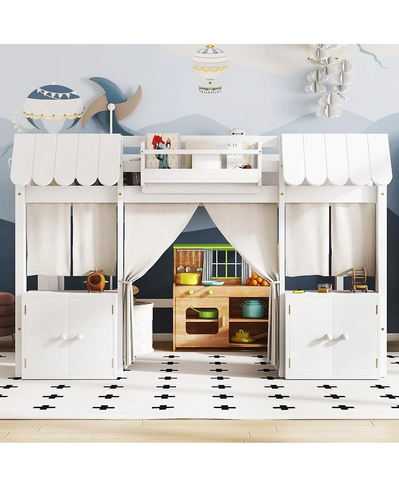 Streamdale Furniture Full Loft Bed with Bookshelf, Curtain, Storage Shelf, Playful Design, White