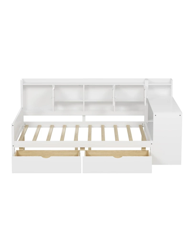 Streamdale Furniture Full Size Daybed with Storage, Wooden L-Shape Bed Frame w/ Desk & Bookshelf