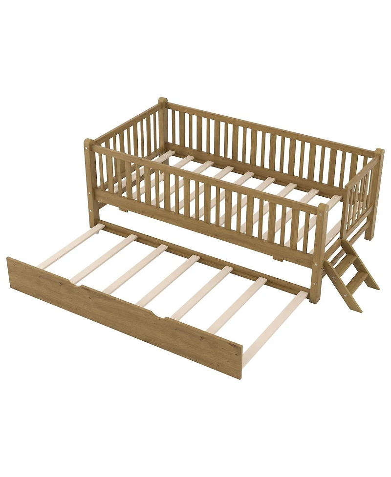 Streamdale Furniture Wood Twin Size Platform Bed with Guardrail and Trundle