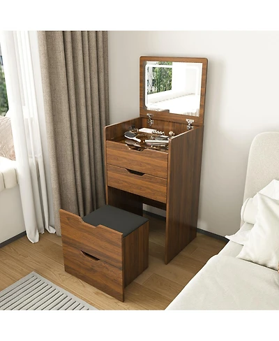 Streamdale Furniture 3-in-1 Vanity Desk with Lighted Mirror & Stool, Flip Top Makeup Dressing Table (Walnut)