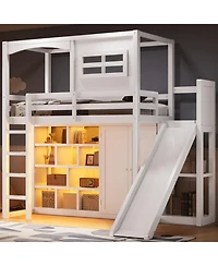 Streamdale Furniture Wood Twin Size Loft Bed with Wardrobe, Storage Shelves, Slide and Led