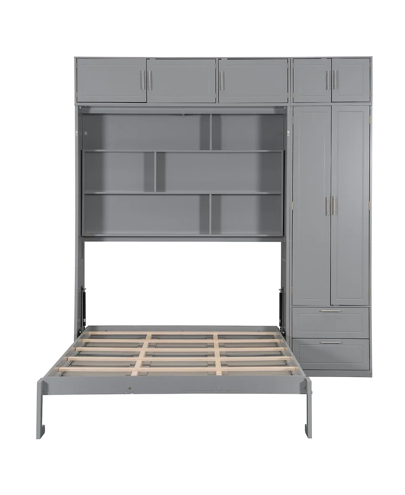 Streamdale Furniture Queen Size Wall Murphy Bed with Cabinet, Shelves & Wardrobe, Gray