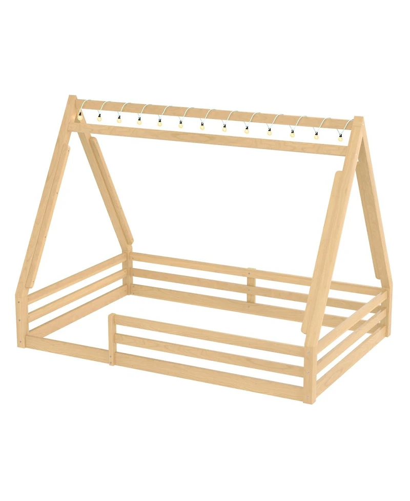 Streamdale Furniture Full Size House Floor Bed with Tent and Light, Solid Wood Teepee Design